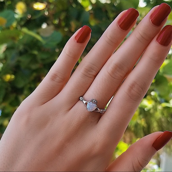 .925 Sterling Silver White Opal Claddagh Ring - Picture 6 of 6